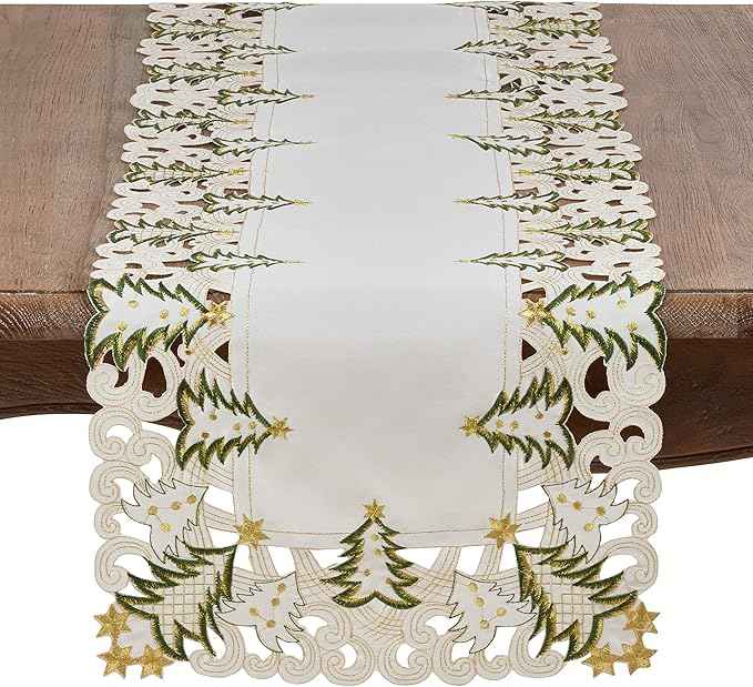 Fennco Styles Pandoro Collection Holiday Embroidered Christmas Tree Cutwork Border 16 x 108 Inch Table Runner – Ivory Table Runner for Christmas Dinner, Family Gathering, Special Events and Home Décor