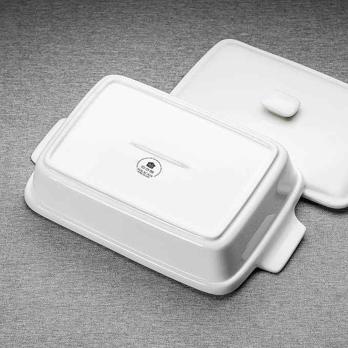 MALACASA 3.4 Quart Baking Dish With Lid, Porcelain Casserole dish with Lid, 13 x 9 Lasagna Pan Deep with Lid, Rectangular Bakeware With Handle, Microwave, Oven Safe, White, Series BAKE