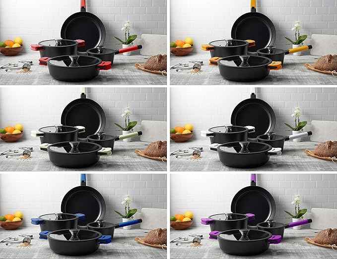 Zavor Noir 7 Piece Cookware Set - Premium Cast Aluminum with Titanium-based Nonstick Ceramic Coating & Detachable Handles - Ultra Lightweight - Induction Ready, Oven Safe & Dishwasher Safe (ZCWNR22)