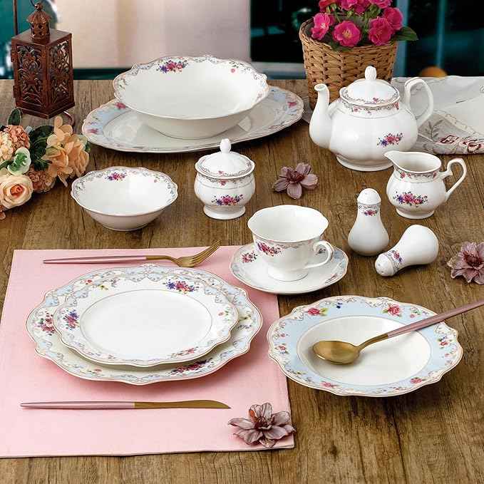 Joseph Sedgh Collection "Romantic Bloom" 57-Piece Bone China Dinnerware Set, Service for 8, Floral with Blue and Gold Trim