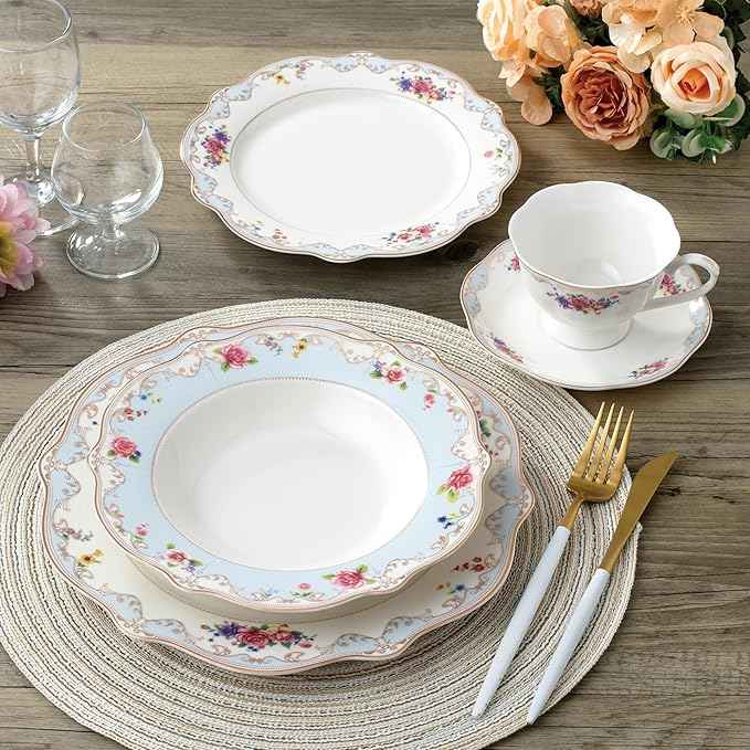 Joseph Sedgh Collection "Romantic Bloom" 20-Piece Bone China Dinnerware Set, Service for 4, Floral with Blue and Gold Trim
