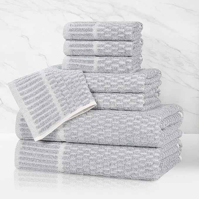 Superior Juno Viscose Cotton Blend Medium Weight Towels, for Bathroom, Shower, Spa, Plush, Quick Dry, Ultra-Soft Towels, Bath Essentials, Border Detail, 8 Piece Assorted Towel Set, Denim Blue