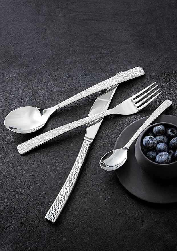 Degrenne Luxury French Cutlery Set - 5 Piece Silverware Set, Includes Forks, Spoons & Knife, Stainless Steel Flatware, Dishwasher Safe, Made in France - Astree Cisele Mirror