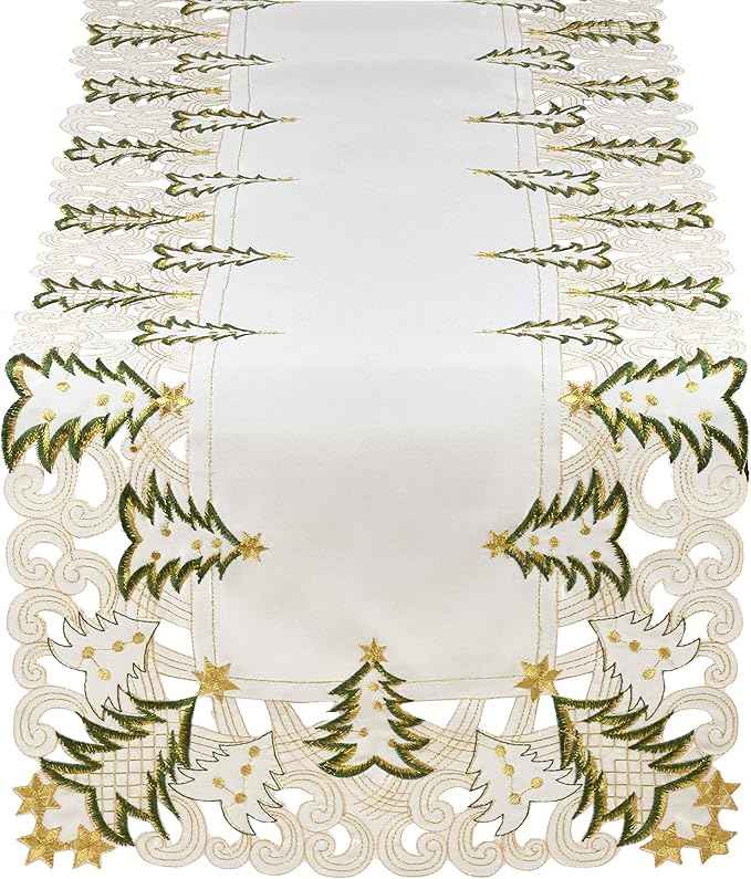Fennco Styles Pandoro Collection Holiday Embroidered Christmas Tree Cutwork Border 16 x 68 Inch Table Runner – Ivory Table Cover for Christmas Dinner, Family Gathering, Special Events
