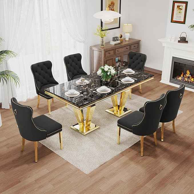 7 Piece Luxury Dining Room Set, Modern Dining Table and Upholstered Chairs Set, Marble Kitchen Table Set for 6, Big Kitchen Dinner Tables Kit with Silver Base