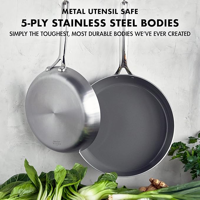 GreenPan GP5 Vista 5-Ply Stainless Steel 12 Piece Cookware Pots & Pans Set, Healthy Ceramic Nonstick PFAS-Free, Induction, Frying Pans, Sauté, Saucepans, Stock Pot, Glass Lids, Dishwasher & Oven Safe