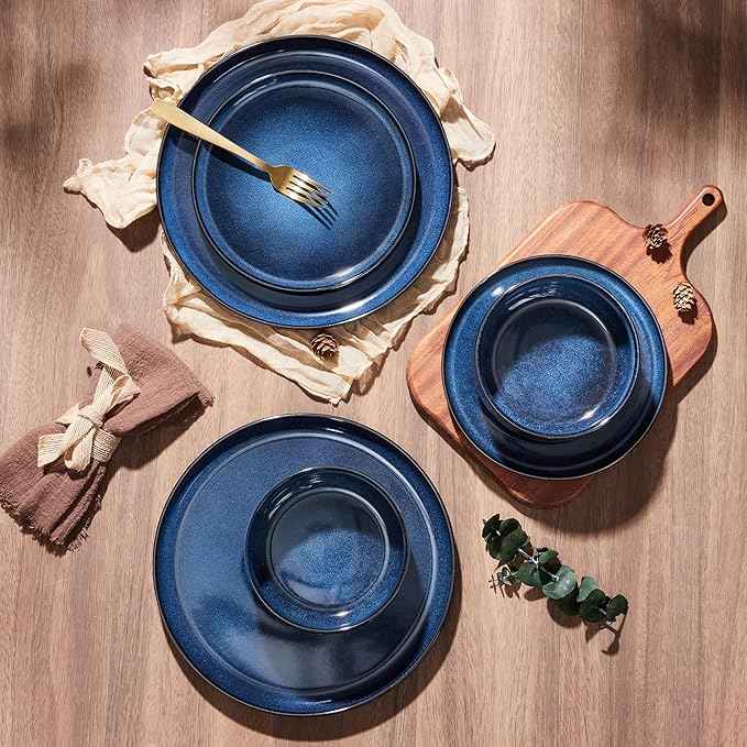 E-far 18-Piece Plates and Bowls Set, Dinnerware Sets for 6, Reactive Glaze Stoneware Dishes Dinning Ware, Microwave & Dishwasher Safe - Deep Sea Blue
