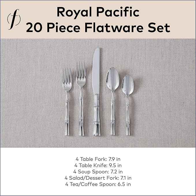 FORTESSA Royal Pacific 18/10 Stainless Steel Flatware, 20 Piece Place Setting With Table Knife, Forks and Spoons (Service For 4), Dishwasher Safe, Polished