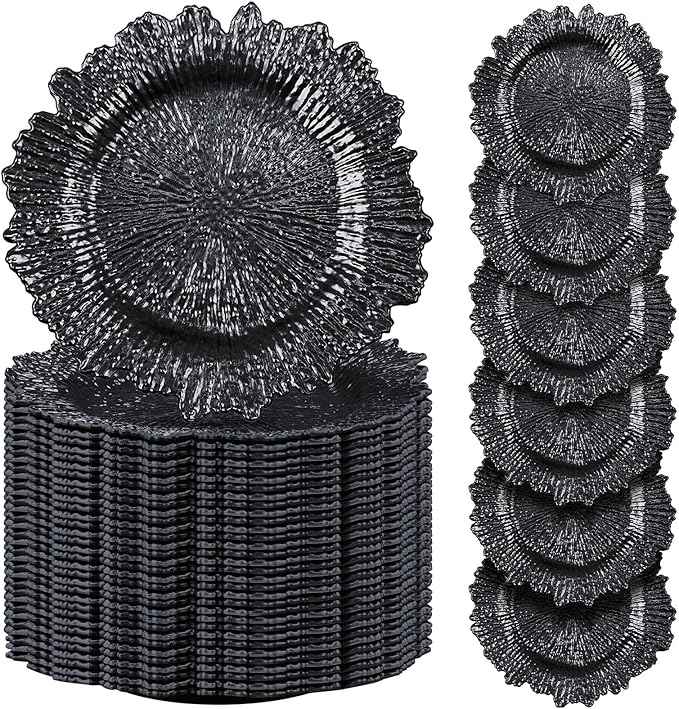 Tanlade 100 Pcs Reef Charger Plates Bulk 13 Inch Plastic Wedding Chargers Floral Decorative Plates with Metallic Ruffled Rim for Wedding Party, Holiday Event Supplies(Black)