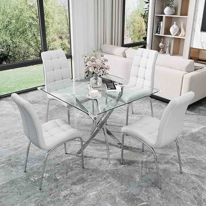 5 Piece Square Glass Dining Table Set, Round Tempered Glass Kitchen Table for 4, Modern Table with 4 High-Back Upholstered Chairs for Kitchen Dining Room (Silver Legs, 4 White Chairs)