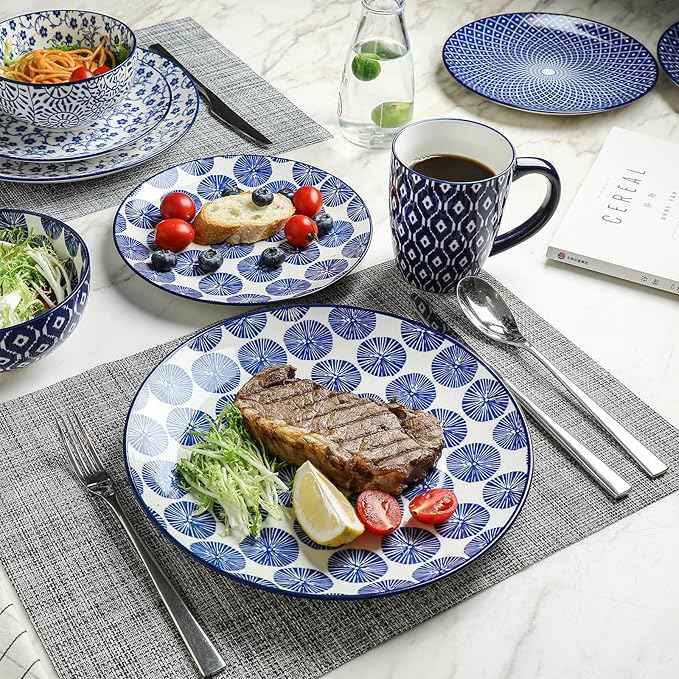 Selamica Ceramic Dinnerware Sets for 4, 16 Pieces Dishes Set, Scratch Resistant Plates and Bowls Sets, Microwave and Dishwasher Safe (Vintage Blue) A