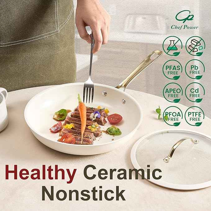 Chef Power Ceramic Cookware Sets, 10Pcs Pots and Pans Set Non Stick, Cookware Set with Stainless Steel Handle, Dishwasher & Oven Safe, Cream White and Light Gold Handle