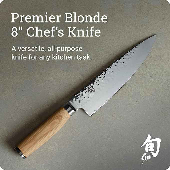 Shun Premier Blonde 8" Chef's Knife, Handcrafted Japanese Kitchen Knife for Professional and Home Chefs, VG-MAX Core with Damascus Stainless Steel Cladding, Pakkawood Handle
