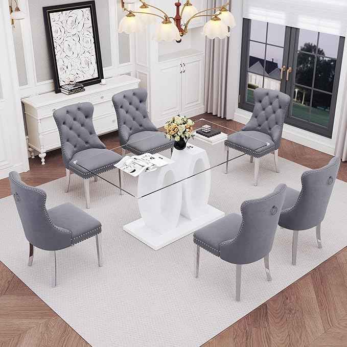 63" Glass Dining Table Set for 6, 7-Piece Rectangular Kitchen Table with Tempered Glass Top, White Double O-Shaped MDF Base, and 6 Grey Velvet Upholstered Chairs for Dining Room, Living Room, Office