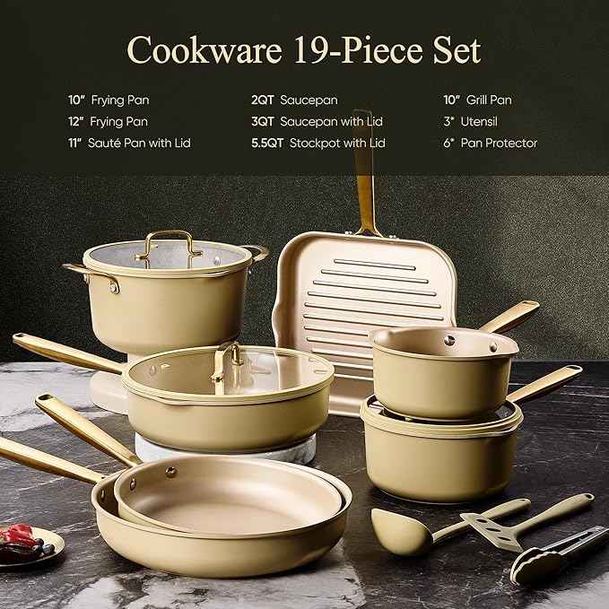 CAROTE 19Pcs Pots and Pans Set, Non Stick Induction Cookware Sets with Durable Cast Steel Handle, Oven-Safe Pots and Pans with Cooking Utensils, PFOS/PFOA Free, Dishwasher Safe, Aluminum