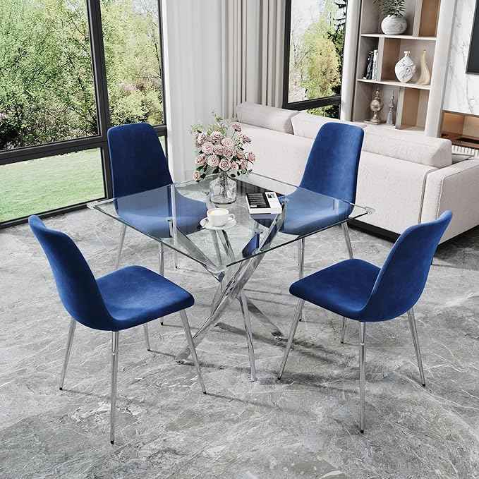 36" Square Glass Dining Table Set for 4, 5-Piece Modern Kitchen Table with 4 Blue Scoop-Shape Velvet Chairs, Modern Circle Leisure Table for Home Office Dining Room Small Spaces (Silver Leg)