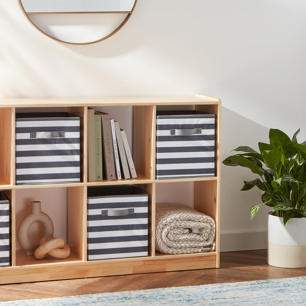 Collapsible Fabric Storage Bins with Handles (White/ Light Grey Stripe / 10.5"x10.5"x11")