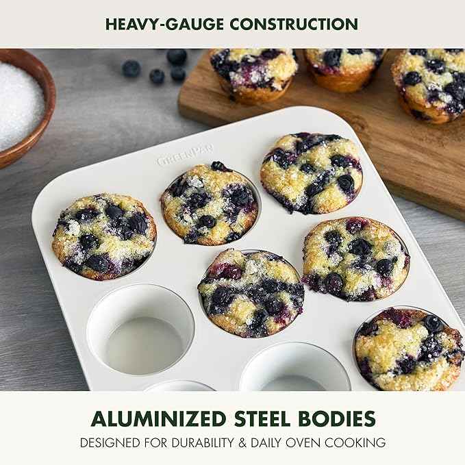 GreenPan Bakeware Set, 7 Piece Nonstick Ceramic Gold Handle Baking Sheets, Cake Pans, Loaf Pan, Muffin Tin, Cooling Rack, PFAS & BPA Free, Freezer to Oven Dish, Bake & Roast Ovenware, Cream