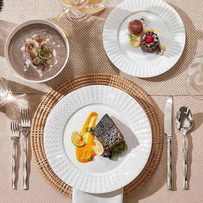 KINGSTONE Bone China Dinnerware Set, 12-Piece White Lightweight Porcelain for 4, Plates and Bowls with Rhombus patterned edge design, Microwave and Dishwasher Safe, for Family, Restaurant, Gifting
