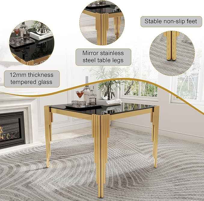 35'' Modern Square Glass Dining Table for 4 People,Black Tempered Glass Top Dining Room Table with Stainless Steel Base, Glass and Gold Dining Table for 4, Rectangle Dining Kitchen Table for Dinner