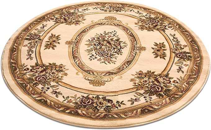 Well Woven Timeless Collection Le Petit Palais Ivory 5' Foot Round Luxurious Traditional French Medallion Oriental Area Rug Perfect for Living Room Bedroom or Dining Room Easy-to-Clean Durable Design
