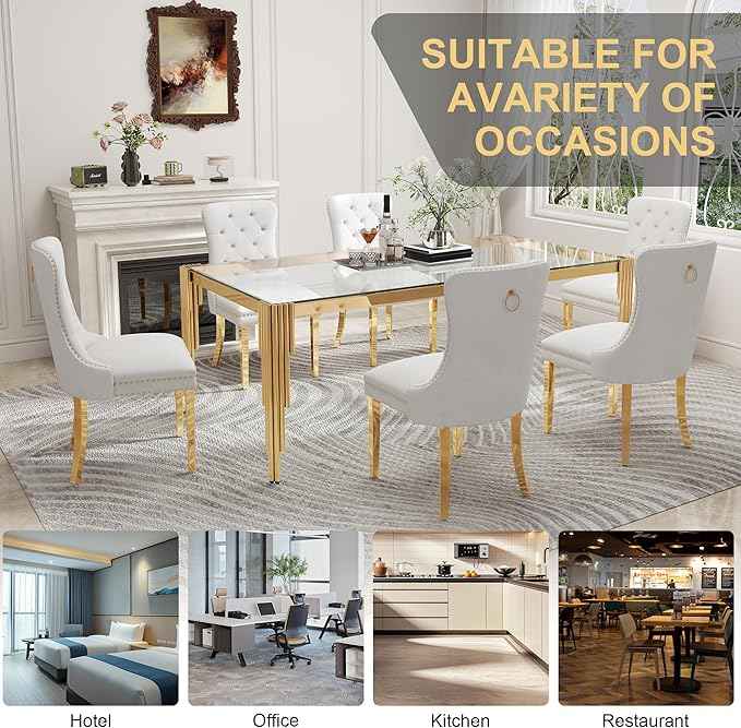 78'' Modern Glass Dining Table for 6-8 People,Tempered Glass Top Dining Room Table with Stainless Steel Base, Glass and Gold Dining Table for 6, Rectangle Dining Kitchen Table for Dinner