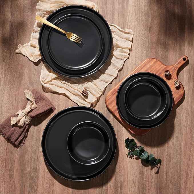 E-far Stoneware Dinnerware Sets for 4, 12-Piece Plates and Bowls Set, Modern Ceramic Dishes Dinning Ware, Microwave & Dishwasher Safe - Matte Black