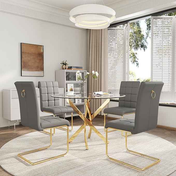 AF ARTISAN FURNITURE 5 Piece Round Glass Dining Table Set, Gold Glass Kitchen Table Set for 4 Modern Table Set with 4 Grey PU Upholstered Dining Chairs, for Small Space, Breakfast Nook