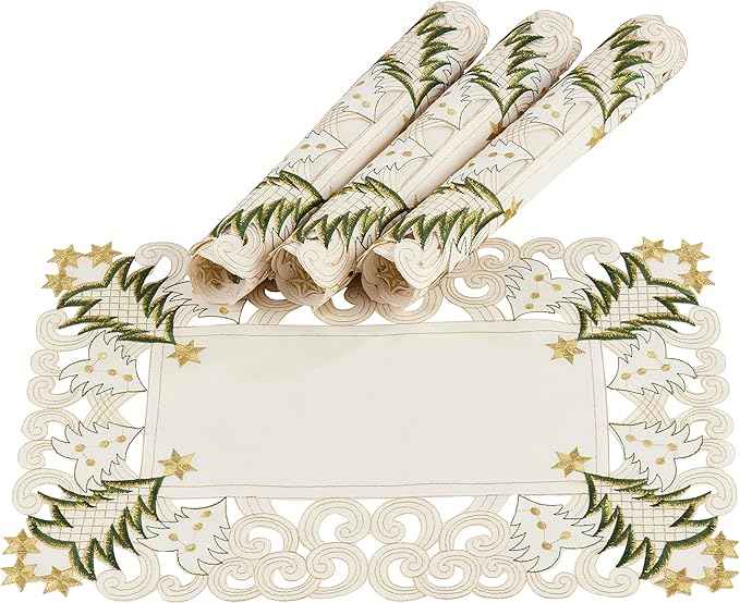 Fennco Styles Pandoro Collection Holiday Christmas Tree Cutwork Border Tablecloth (Ivory, 14"x20" Placemat-Set of 4)