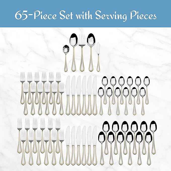 Mikasa, Gold Accent Regent Bead Flatware Service for 12, 65 Piece Set, 18/10 Stainless Steel, Silverware Set with Serving Utensils