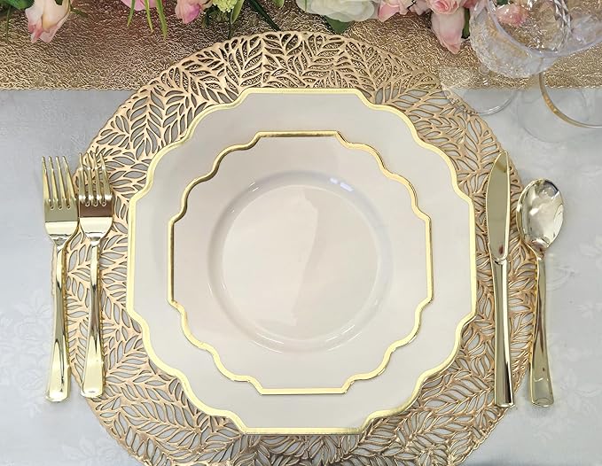 " OCCASIONS " 200 Piece set (25 Guests)-Wedding Plastic Plates & cutlery -Disposable heavyweight Dinnerware 10.5'', 8'' + Silverware + Cups + Napkins (Imperial Ivory & Gold)