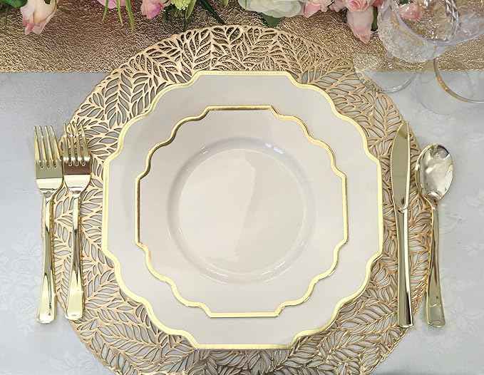 " OCCASIONS " 640 Piece set (80 Guests)-Heavyweight Wedding Party Disposable Plastic Plate Set - 80 x 10.5'' + 80 x 8'' + Silverware + Cups + Napkins (Imperial Ivory & Gold)