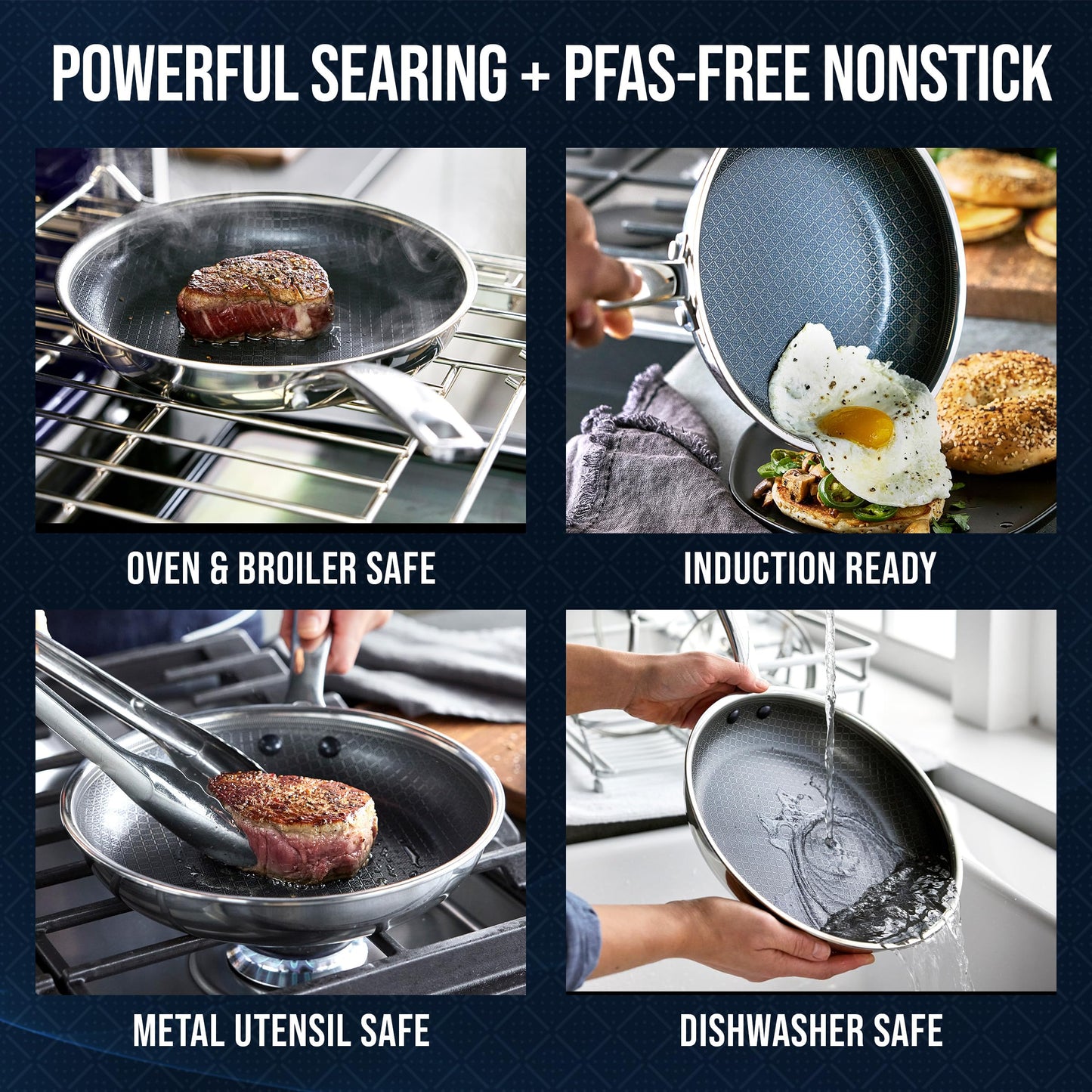Hybrid 5pc Stainless Steel Nonstick Fry Pan Set with Two Lids (5 Piece Frying Pan Set)