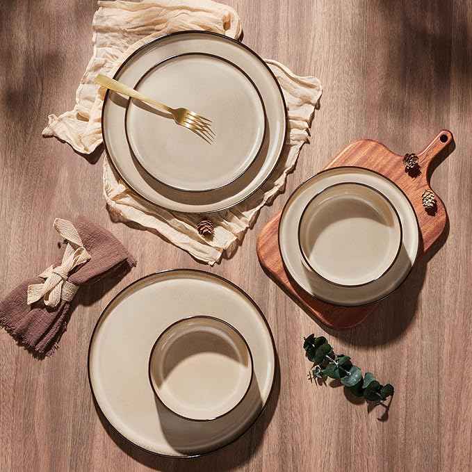 E-far 18-Piece Dinnerware Sets, Stoneware Plates and Bowls Set for 6, Reactive Glaze Dinning Ware Dishes, Microwave & Dishwasher Safe - Sandy Beige