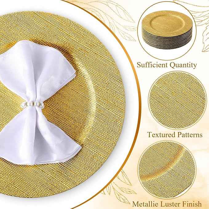 Tanlade 12 Pcs Charger Plates Bulk 13 Inch Plastic Texture Strip Wedding Chargers Floral Decorative Plates with Metallic Ruffled Rim for Wedding Party, Holiday Event Supplies(Gold)