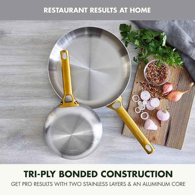 GreenPan Stainless Steel Tri-Ply Reserve 10” and 12” Frying Pan Skillet Set, Multiclad Cookware, Induction, Oven & Broiler Safe to 600°F, Heat Responsive Core, Dishwasher Safe, Gold Handles