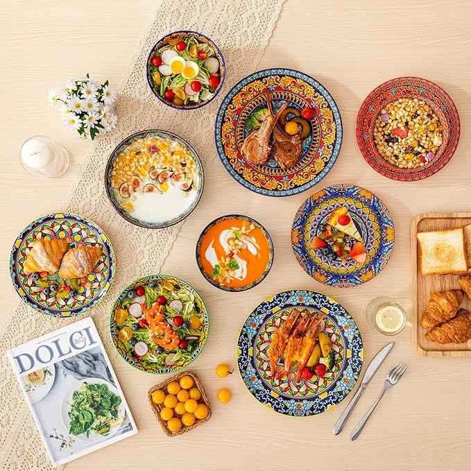 vancasso 24 Pieces Plates and Bowls Set, Bohemian Style Dinnerware Sets Service for 6, Porcelain Boho Dishes Set for Kitchen, Housewaring Gift, Dishwasher and Microwave Safe, Series KRVI