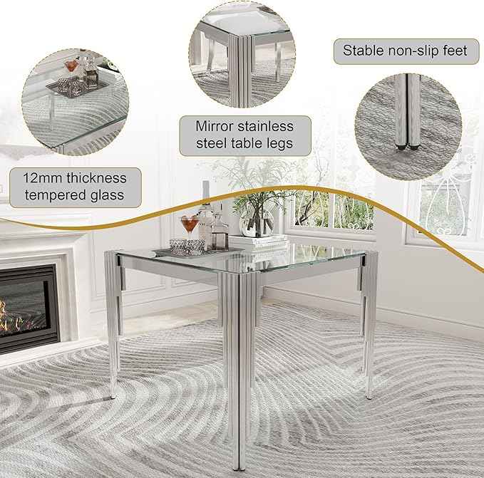 35'' Modern Square Glass Dining Table for 4 People,Tempered Glass Top Dining Room Table with Stainless Steel Base, Glass and Silver Dining Table for 4, Rectangle Dining Kitchen Table for Dinner