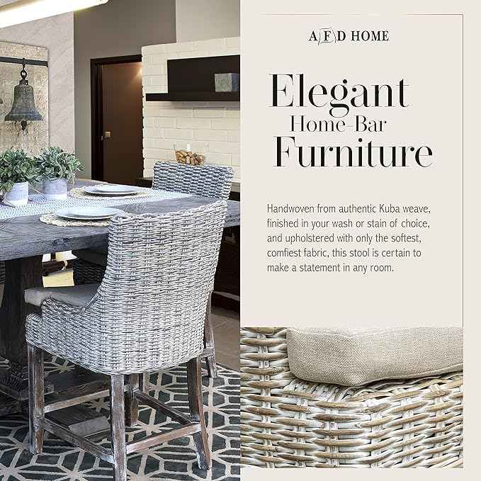 Alfresco Kuba-Weave Counter Stool, Wooden Stool, Kitchen Counter Stool, 23 Inch Seat Height, Off White