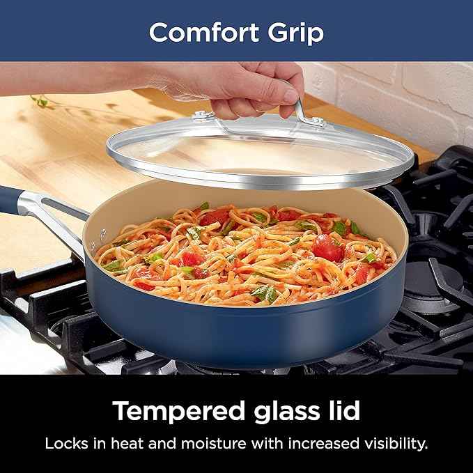 Ninja Ceramic Cookware Set, Extended Life 11-Piece Kitchen Cookware Sets with Comfort Grip, Nonstick Fry Pans, Pots, PTFE Free, Oven & Dishwasher Safe, Stovetop Compatible, Navy Blue, CW49011