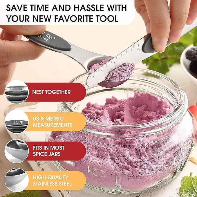 Spring Chef Stainless Steel Magnetic Measuring Spoons Set of 8 with Leveler, Dual Sided Metal Teaspoon & Tablespoon Measuring Spoons - Kitchen Gadgets For Baking and Cooking, Gray