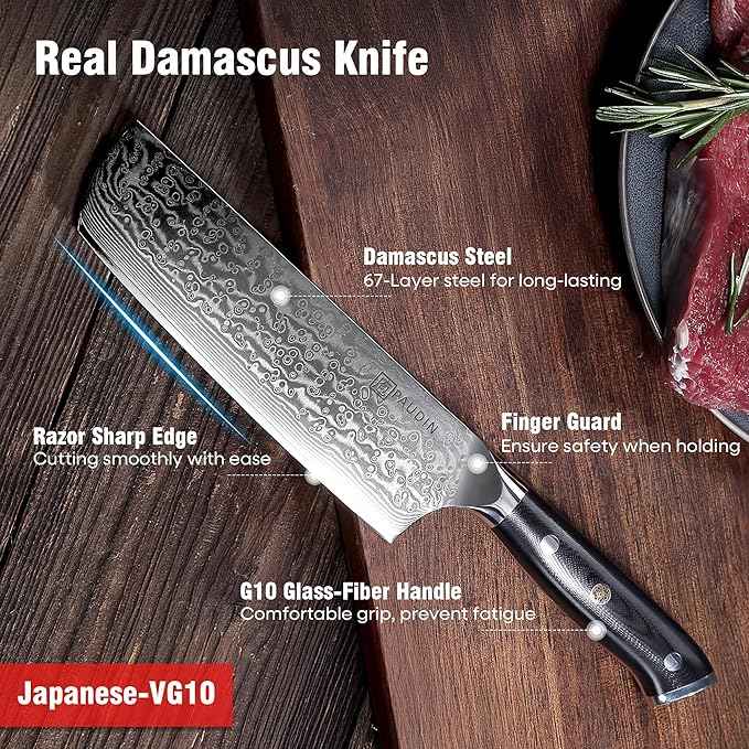 PAUDIN Nakiri Knife 7'', Damascus Chef Knife, Japanese VG-10 Stainless Steel, Kitchen Knife with G10 Full Tang Handle, Razor Sharp 67-Layer Forged Blade