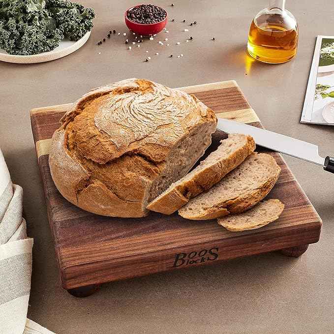 John Boos B Series Square Wooden Walnut Cutting Board 12”x12” – 1.5” Thick, 5-lb Non-Reversible Butcher Block with Wood Bun Feet & Edge-Grain