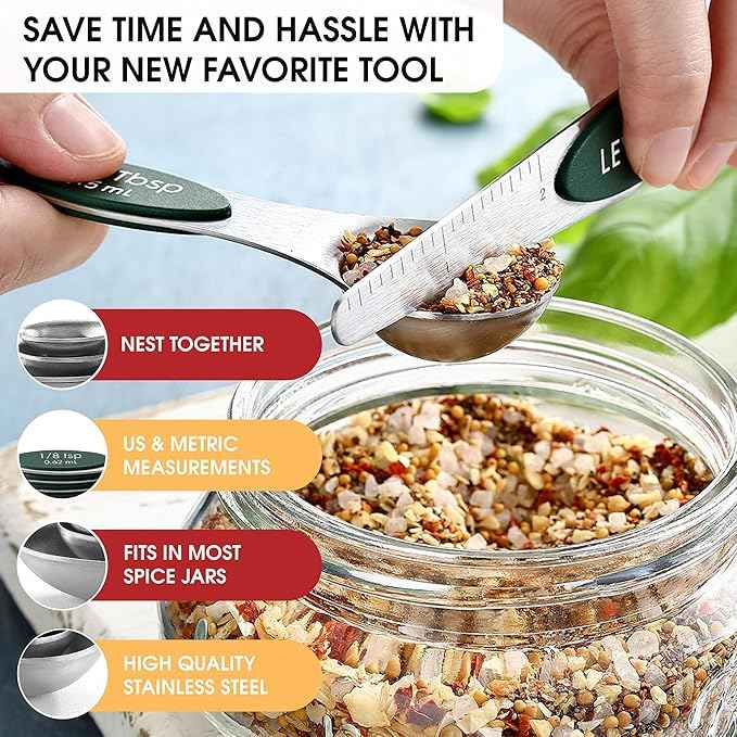 Spring Chef Stainless Steel Magnetic Measuring Spoons Set of 8 with Leveler, Stackable Magnetic Teaspoon & Tablespoon Set, Metal Kitchen Gadgets for Baking & Cooking, Fits in Spice Jars - Pine Green