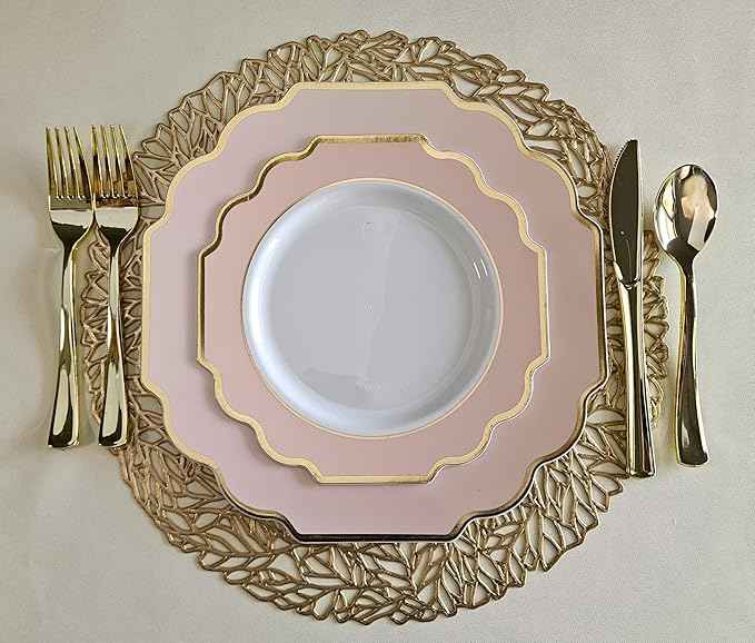 " OCCASIONS " 200 Piece set (25 Guests)-Wedding Plastic Plates & cutlery -Disposable heavyweight Dinnerware 10.5'', 8'' + Silverware + Cups + Napkins (Imperial in Blush Pink & Gold)