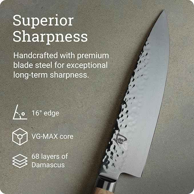 Shun Premier Blonde 8" Chef's Knife, Handcrafted Japanese Kitchen Knife for Professional and Home Chefs, VG-MAX Core with Damascus Stainless Steel Cladding, Pakkawood Handle