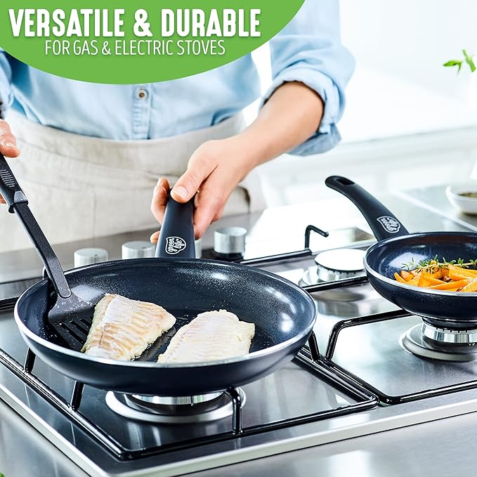 GreenLife Soft Grip Healthy Ceramic Nonstick 12 Piece Kitchen Cookware Pots and Frying Sauce Saute Pans Set, PFAS-Free with Kitchen Utensils and Lid, Dishwasher Safe, Black
