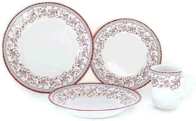 Tudor Royal Collection 16 Piece Round Dinnerware Set, Service for 4, Aster Pink Design, Red Floral, Plates Bowls Dishes, High Gloss Premium Quality