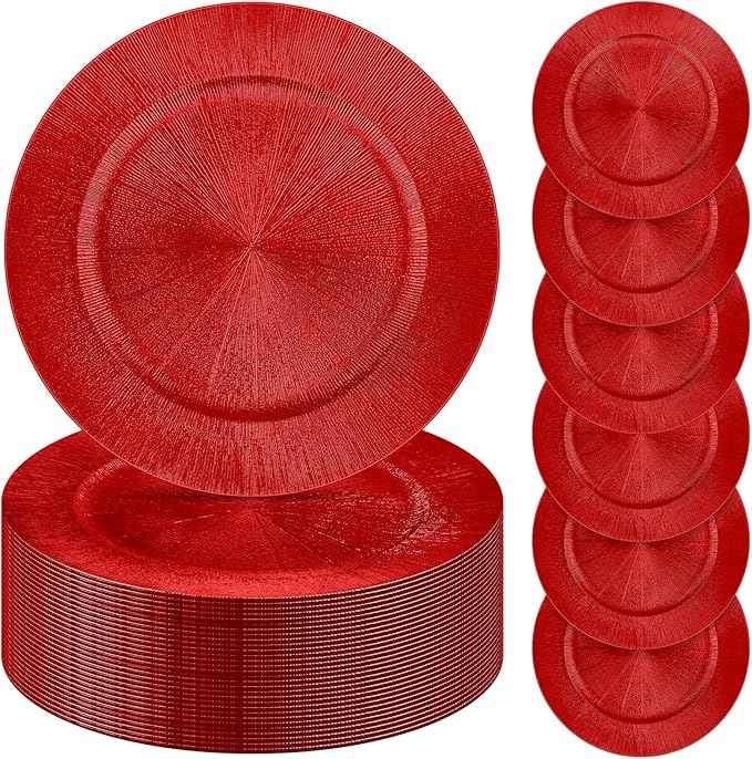 Tanlade 50 Pcs Charger Plates Bulk, 13 Inch Plastic Round Charger Dinner Plates Elegant Wedding Serving Plate for Event Tabletop Wedding Party Bridal Baby Shower Decor (Red)