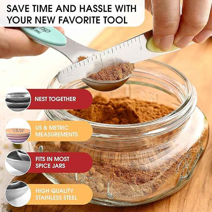 Spring Chef Stainless Steel Magnetic Measuring Spoons Set of 8 with Leveler, Metal Teaspoon & Tablespoon Measuring Spoons for Dry and Liquid Ingredients, Kitchen Gadgets for Baking & Cooking - Pastel